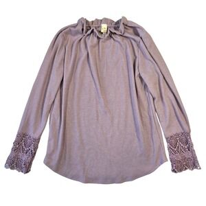 Vintage 5th Ray Purple Waffle Knit Crochet Lace Bell Sleeve Top Womens L Boho‎